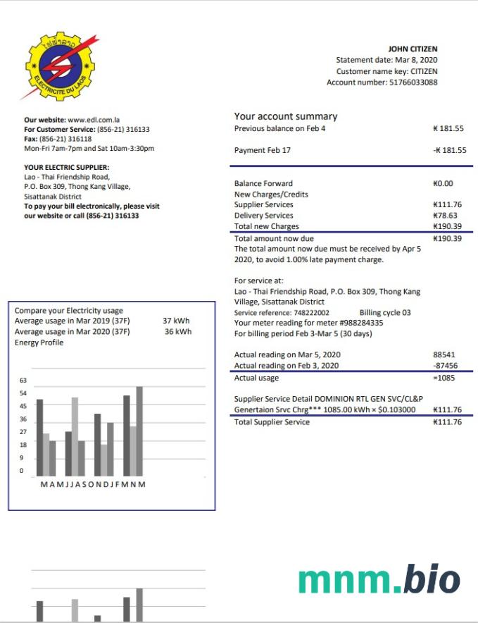 Laos Electricite Du Laos szablon rachunku za energię elektryczną w formacie Word i PDF